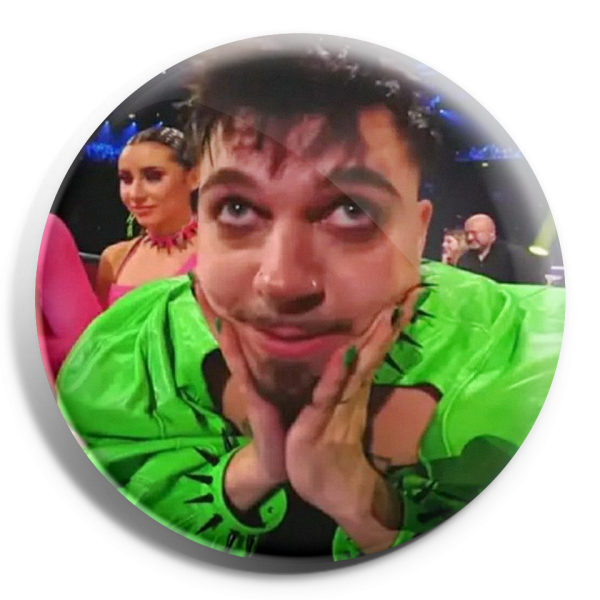 11037-3d-ROUND Green crazy man in a jacket rolling his eyes funny face meme picture for clothing backpacks bags aesthetic Eurovision Finnish rapper Käärijä in the wild green room show “Cha Cha Cha” posing cute face print photo for fan souvenir shocked guy neon spikes sleeve holding face with hand meme emotion surprise for bar club party